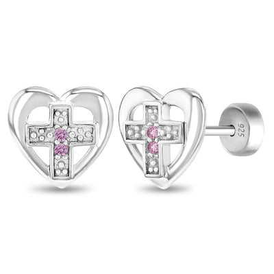 Love of God Heart Cross Kids / Children's / Girls Earrings Safety Push Back - Sterling Silver