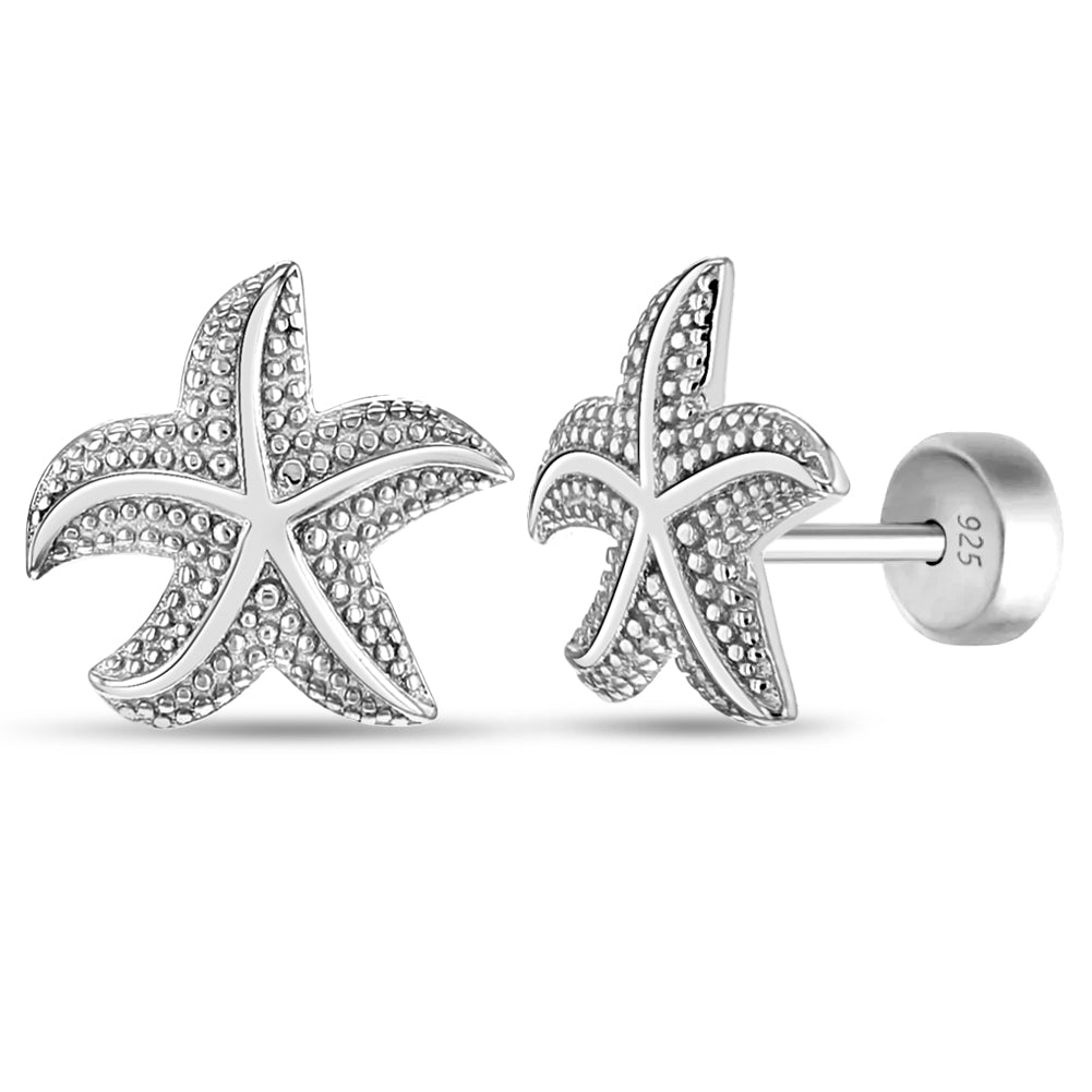 Florida Starfish Kids / Children's / Girls Earrings Safety Push Back - Sterling Silver