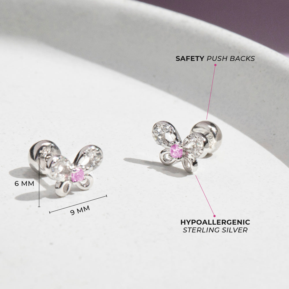 Jeweled Petite Butterfly Baby / Toddler / Kids Earrings Safety Push Back - Sterling Silver