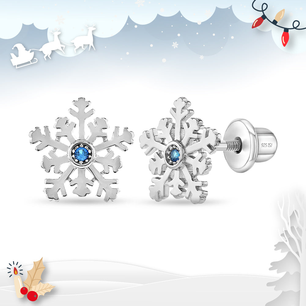 Winter Snowflake Kids / Children's / Girls Earrings Screw Back - Sterling Silver