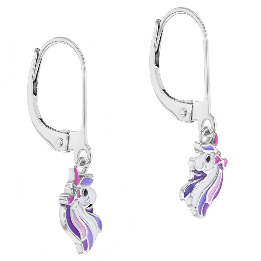 Rainbow Unicorn Dangle Kids / Children's / Girls Earrings Lever Back Enamel - Sterling Silver