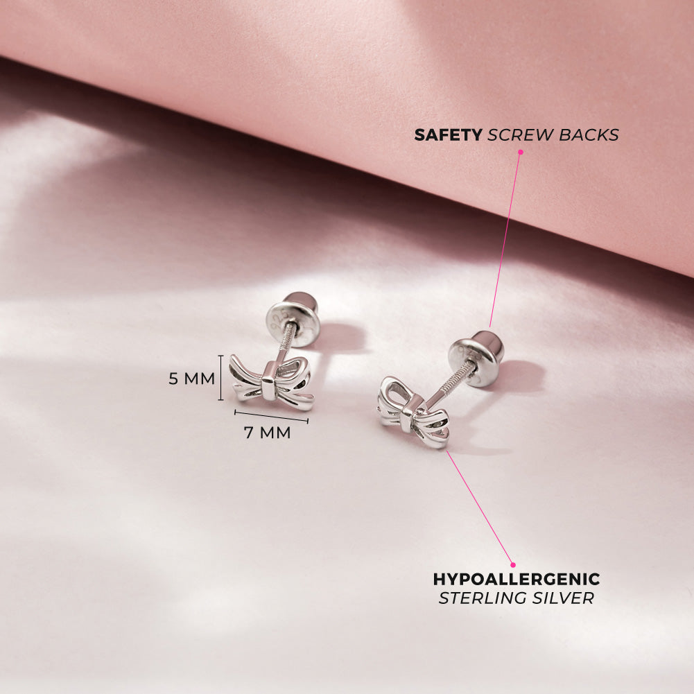 Classic Ribbon Bow Baby / Toddler / Kids Earrings Screw Back - Sterling Silver
