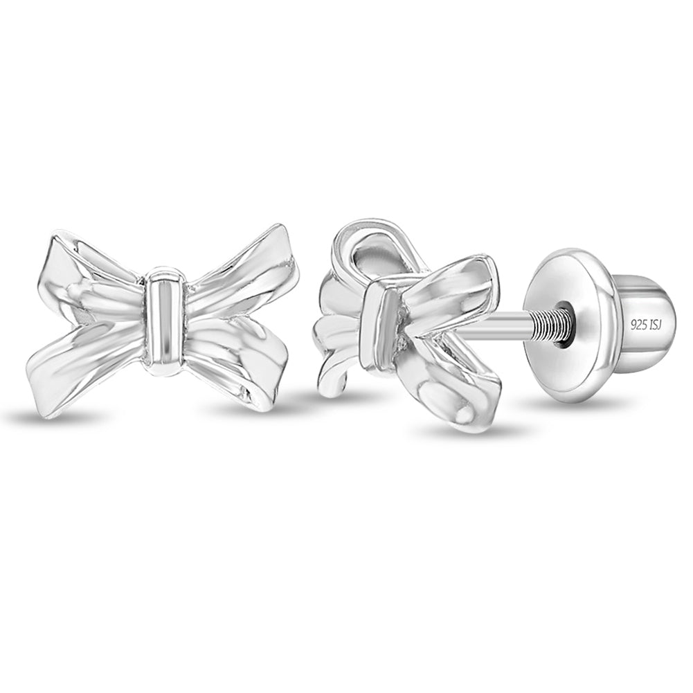 Classic Ribbon Bow Baby / Toddler / Kids Earrings Screw Back - Sterling Silver