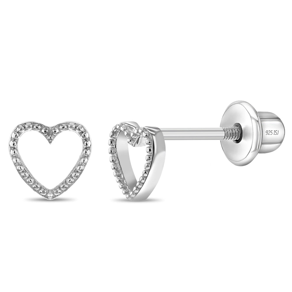 Tiny Open Textured Heart 4mm Baby / Toddler / Kids Earrings Screw Back - Sterling Silver