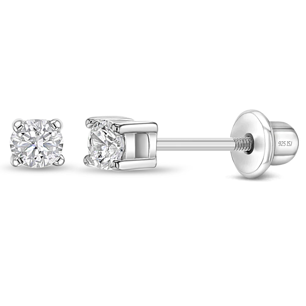 Girls' Classic Setting Solitaire Screw Back Sterling Silver Earrings - 4mm - in Season Jewelry