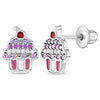 Colorful Cubic Zirconia Cupcake Baby / Toddler / Kids Earrings Screw Back Enamel - Sterling Silver