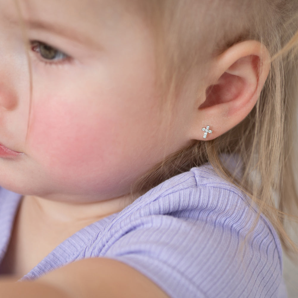 Silver Earrings For Baby Girl Delicate CZ Cross 6mm Baby Toddler