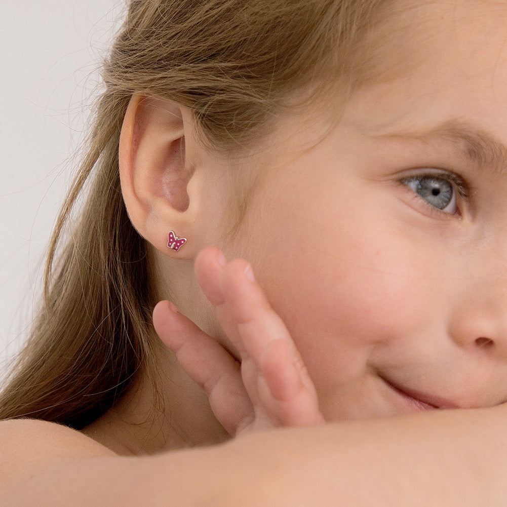 Polka Dot Butterfly Baby / Toddler / Kids Earrings Screw Back Enamel - Sterling Silver