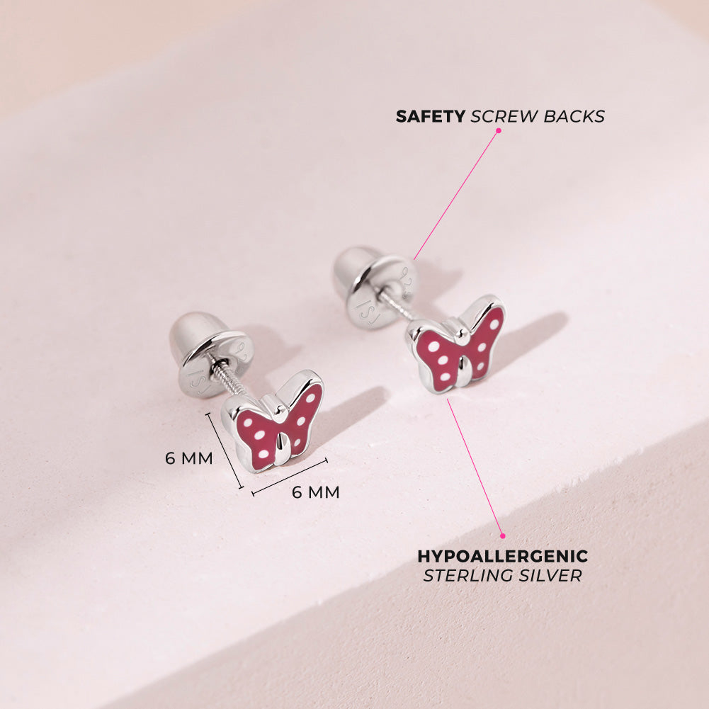 Polka Dot Butterfly Baby / Toddler / Kids Earrings Screw Back Enamel - Sterling Silver