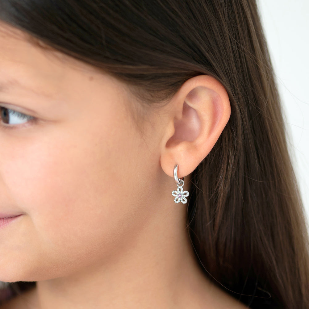 Groovy CZ Flower Dangle 9mm Kids / Children's / Girls Earrings Hoop/Huggie Safety Latch - Sterling Silver