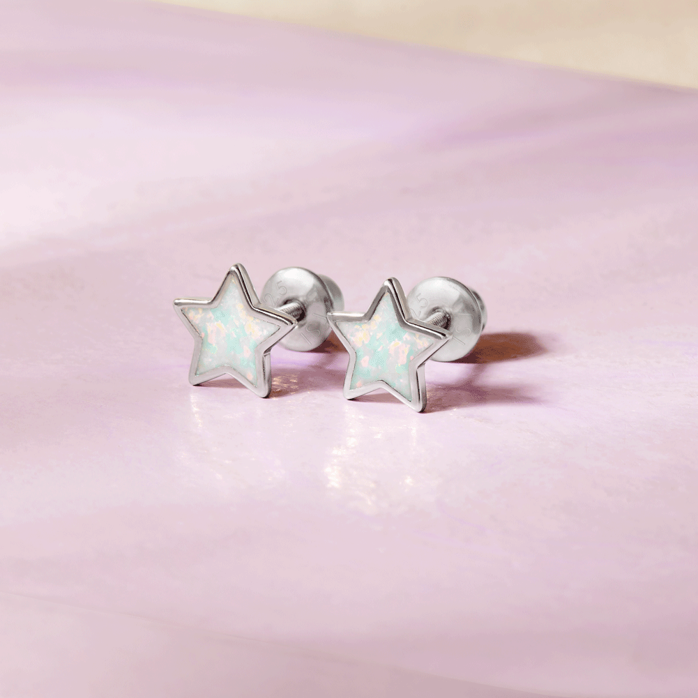 Sparkle Star Opal Kids / Children's / Girls Earrings Screw Back - Sterling Silver