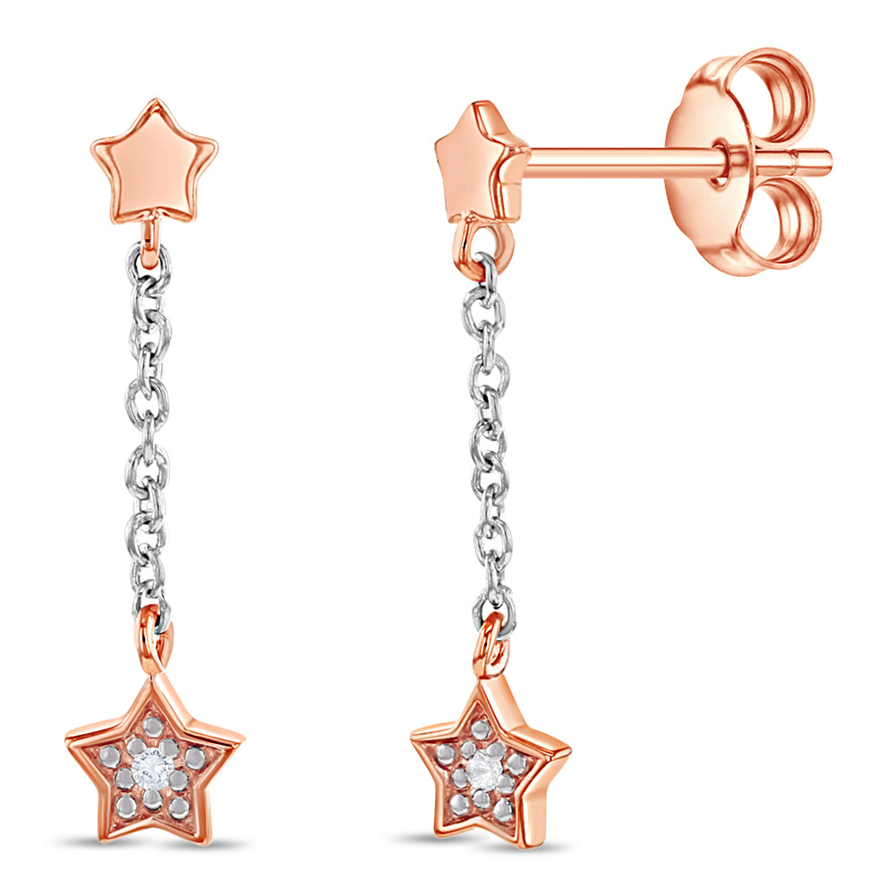 Shooting Stars CZ Chain Dangle Kids / Teen Earrings - Sterling Silver Rose Gold Plated