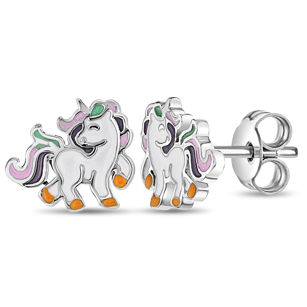 14k Yellow Gold Unicorn Screw Back Earrings for Young Girls & Preteen -  Small Magical Multicolor Unicorn Stud Earrings for Little girls - Fun 