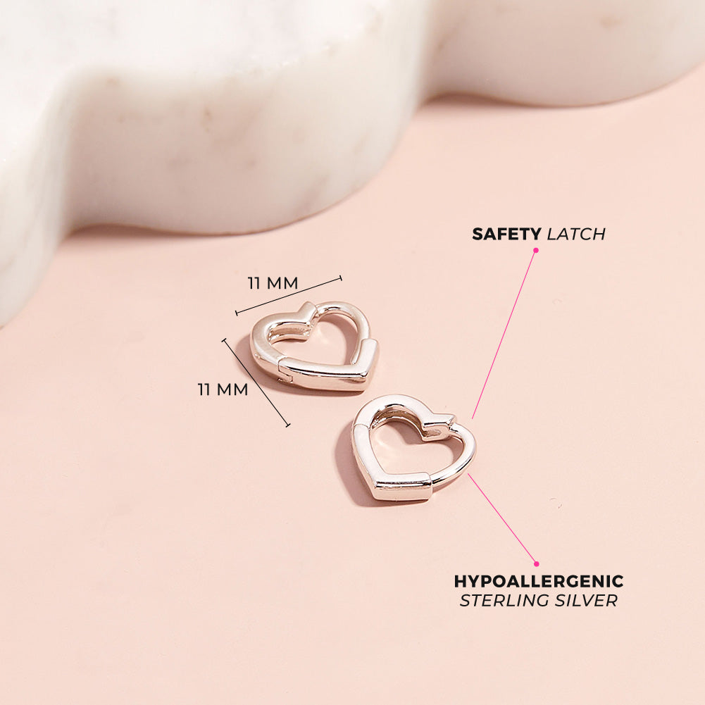 Heart Shaped 8mm Baby / Toddler / Kids Earrings Hoop/Huggie Safety Latch - Sterling Silver
