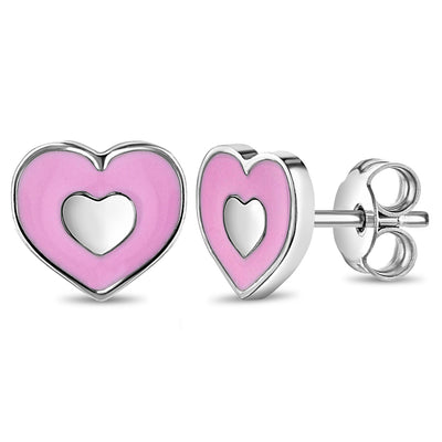 Groovy Heart Pink Kids / Children's / Girls Earrings Enamel - Sterling Silver