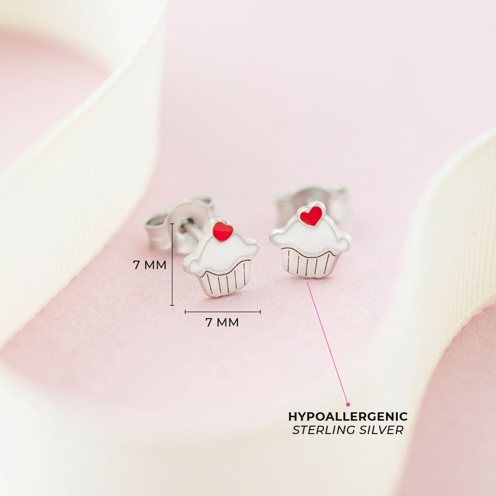 Sweet Cupcake White Kids / Children's / Girls Earrings Enamel - Sterling Silver
