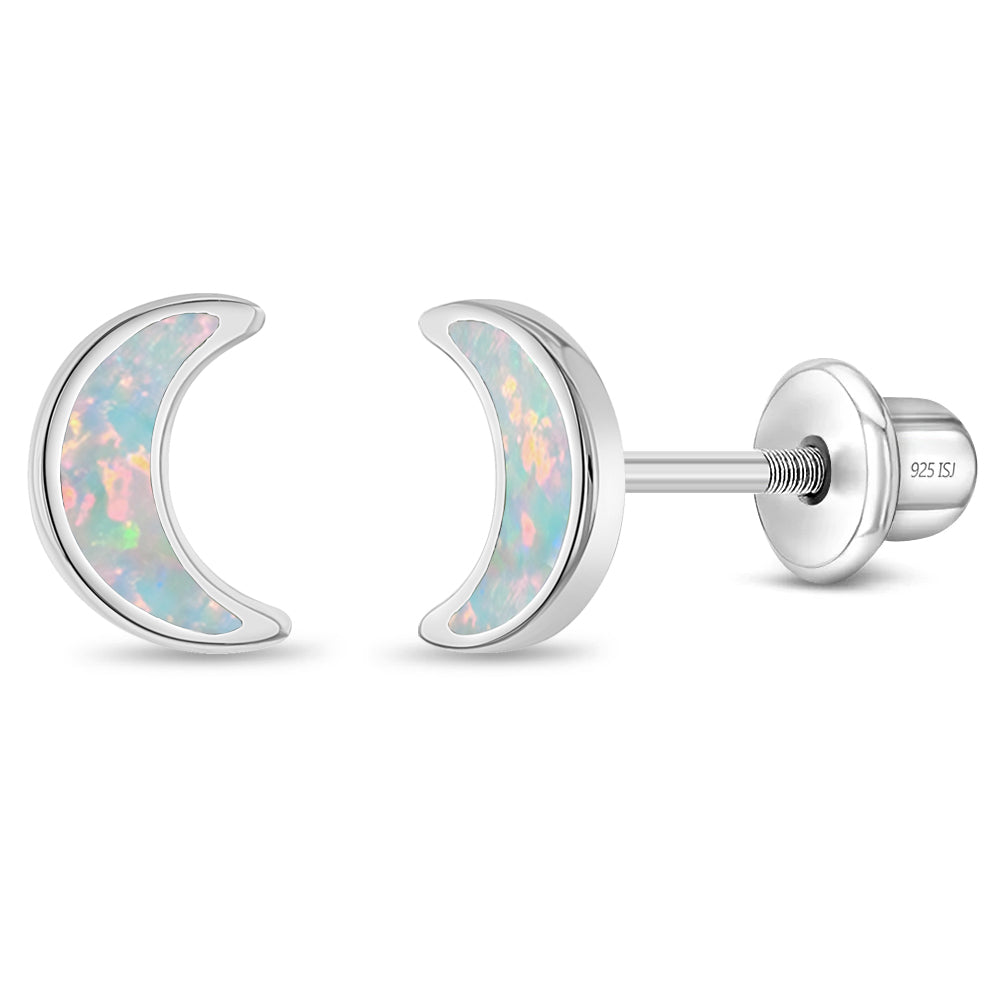 Opal Crescent Moon Kids / Children's / Girls Earrings Screw Back - Sterling Silver