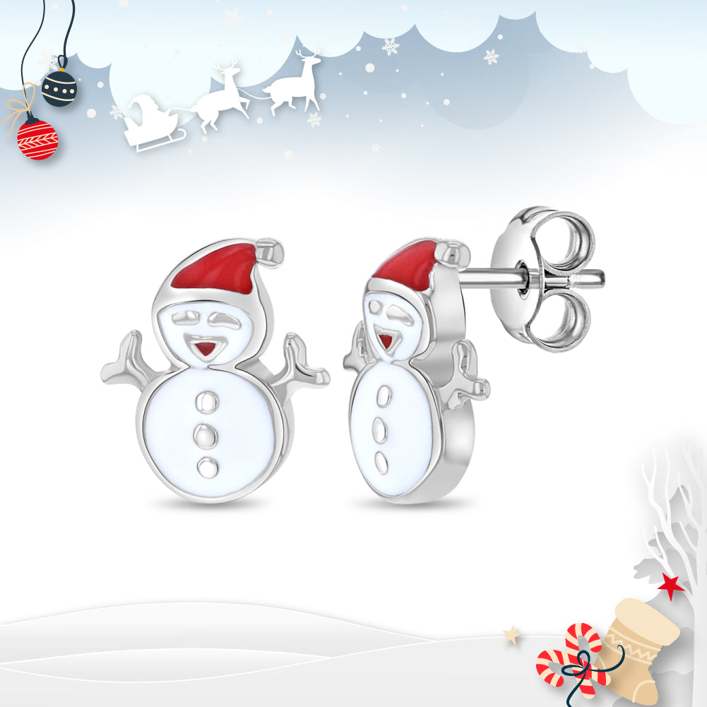 Christmas Snowman Kids / Children's / Girls Earrings Enamel - Sterling Silver