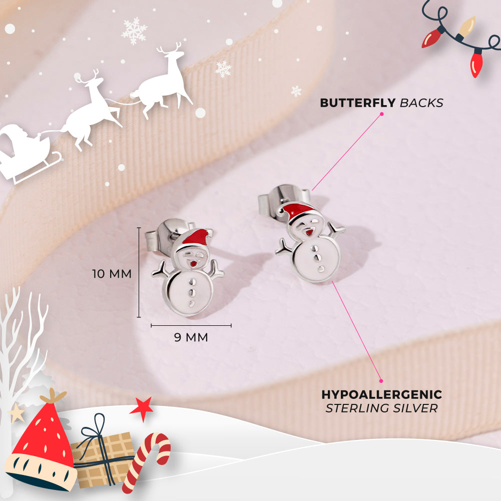 Christmas Snowman Kids / Children's / Girls Earrings Enamel - Sterling Silver