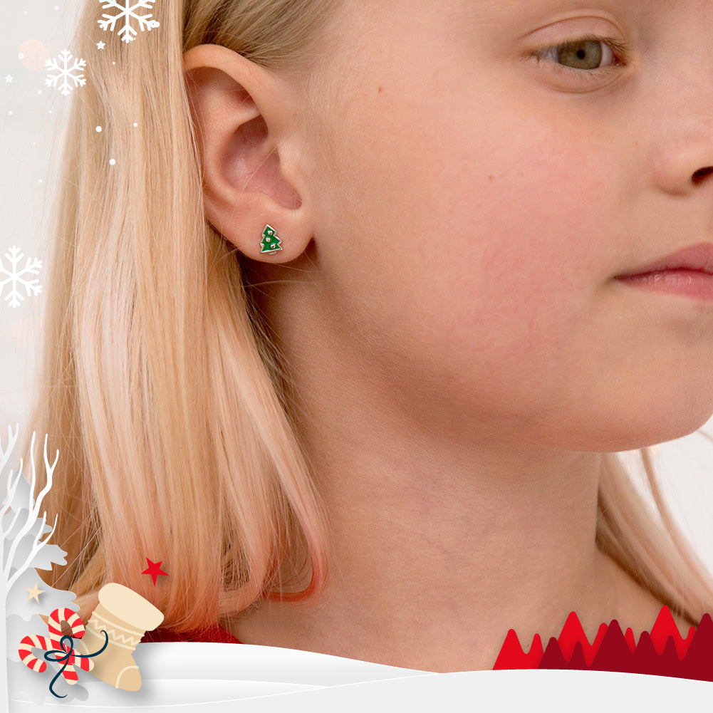 Festive Christmas Tree Kids / Children / Girls Earrings Enamel - Sterling Silver