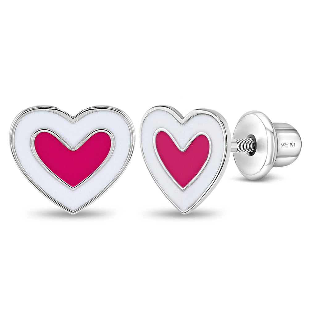Hearts & More Hearts Baby / Toddler / Kids Earrings Screw Back Enamel - Sterling Silver
