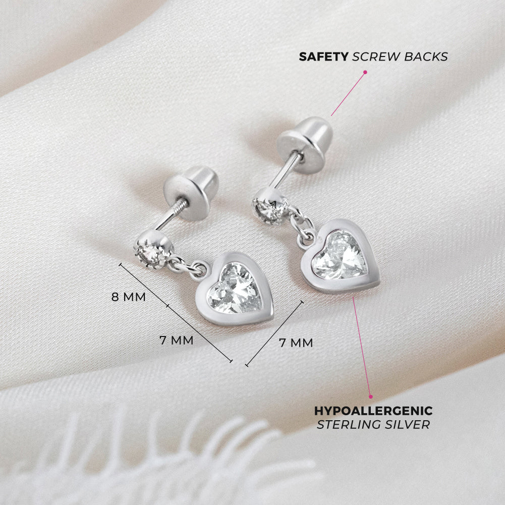 Kid's Dangle Hearts Sterling Silver Screw Back Earrings for Kids