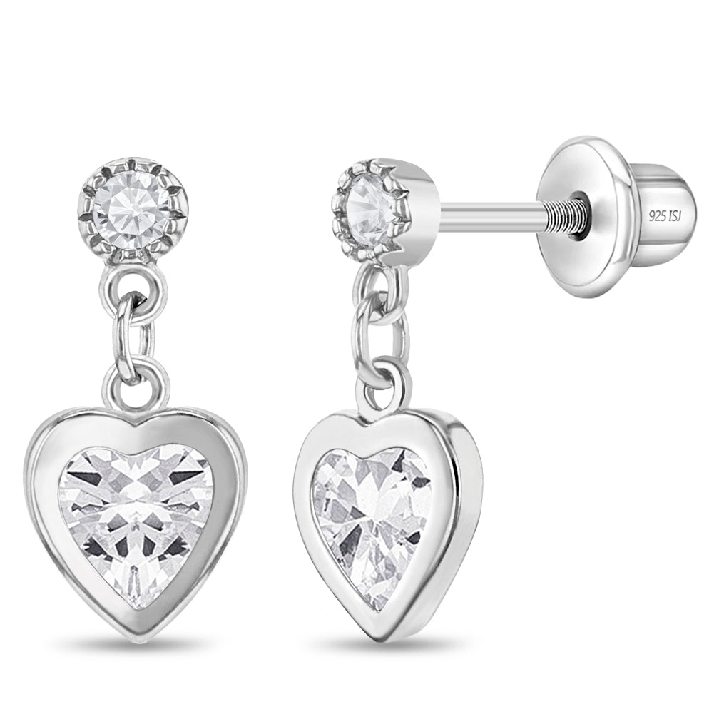 Kid's Dangle Hearts Sterling Silver Screw Back Earrings for Kids
