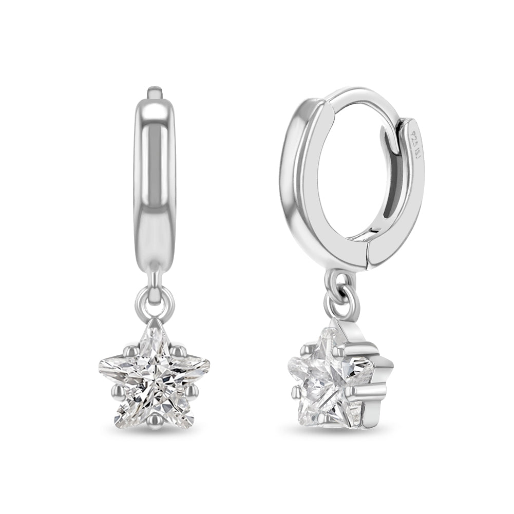 Star CZ 7mm Dangle Kids / Children's / Girls Earrings Hoop/Huggie - Sterling Silver