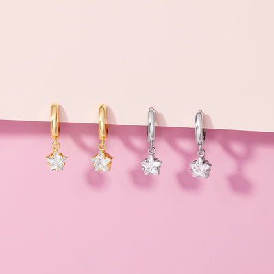 Star CZ Dangle 7mm Clear Kids / Children's / Girls Earrings Hoop/Huggie - 14k Gold Over Sterling Silver