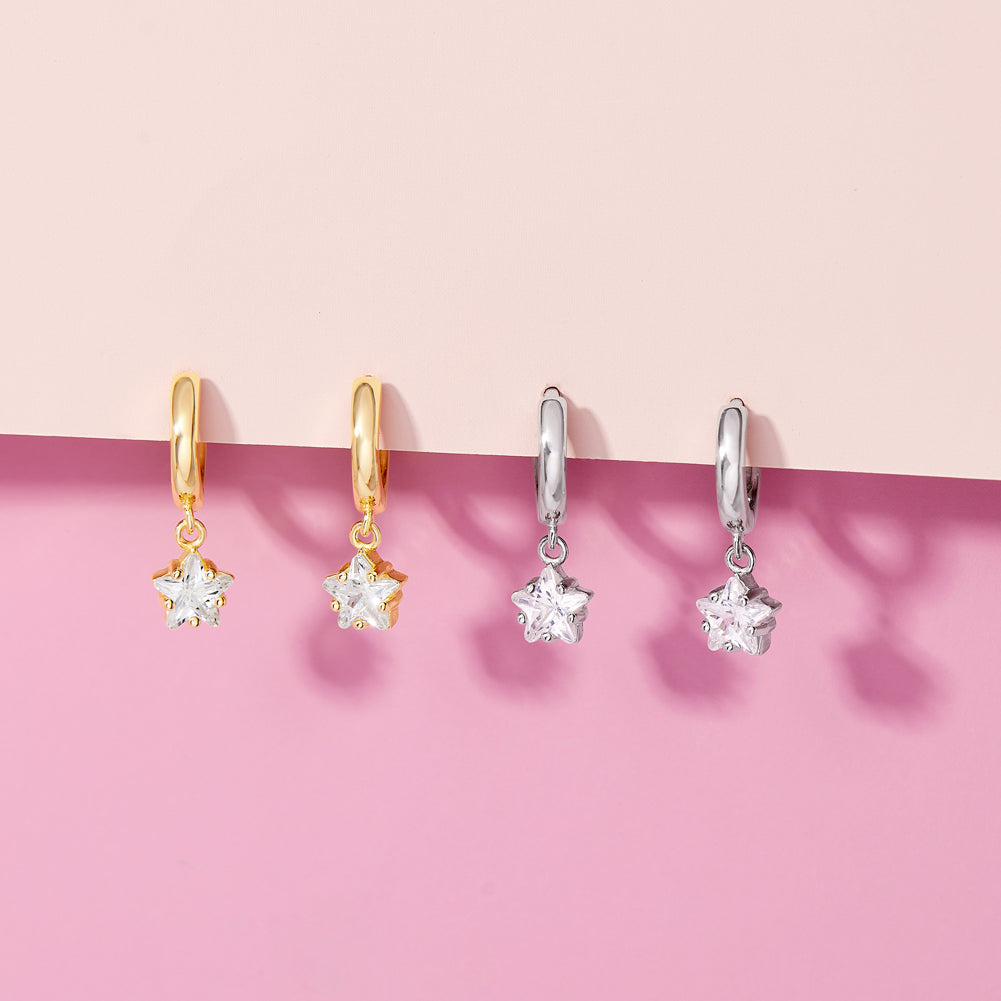Star CZ Dangle 7mm Clear Kids / Children's / Girls Earrings Hoop/Huggie - 14k Gold Over Sterling Silver