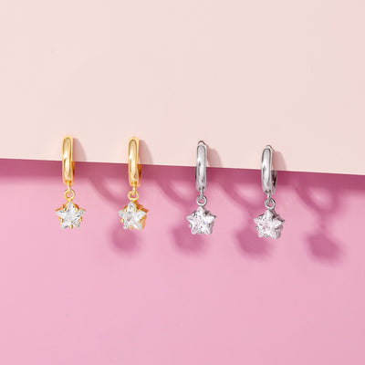 Star CZ Dangle 7mm Clear Kids / Children's / Girls Earrings Hoop/Huggie - 14k Gold Over Sterling Silver