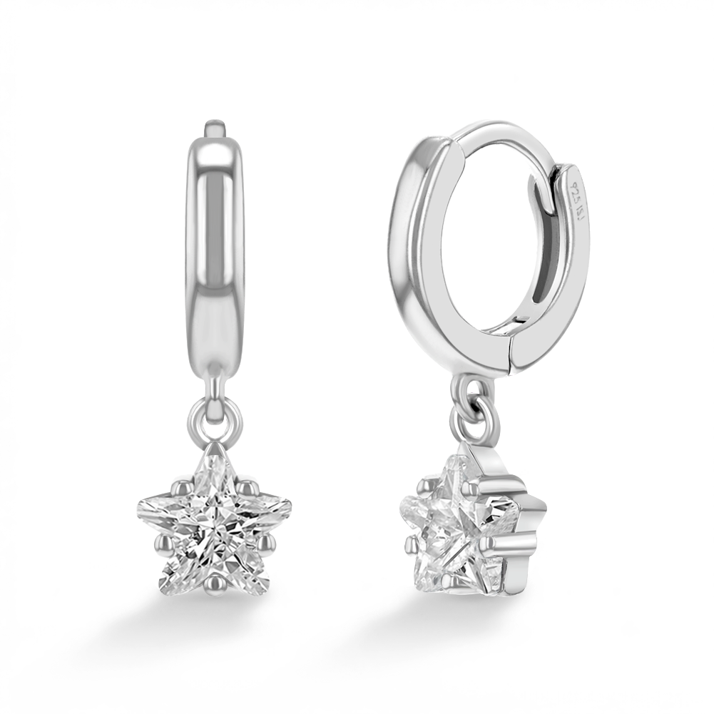 Star CZ 7mm Dangle Kids / Children's / Girls Earrings Hoop/Huggie - Sterling Silver