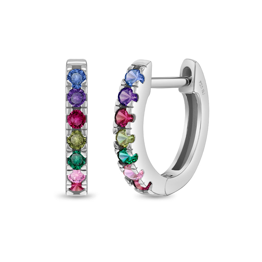 Multicolor Encrusted CZ 9mm Kids / Children's / Girls Earrings Hoop/Huggie - Sterling Silver