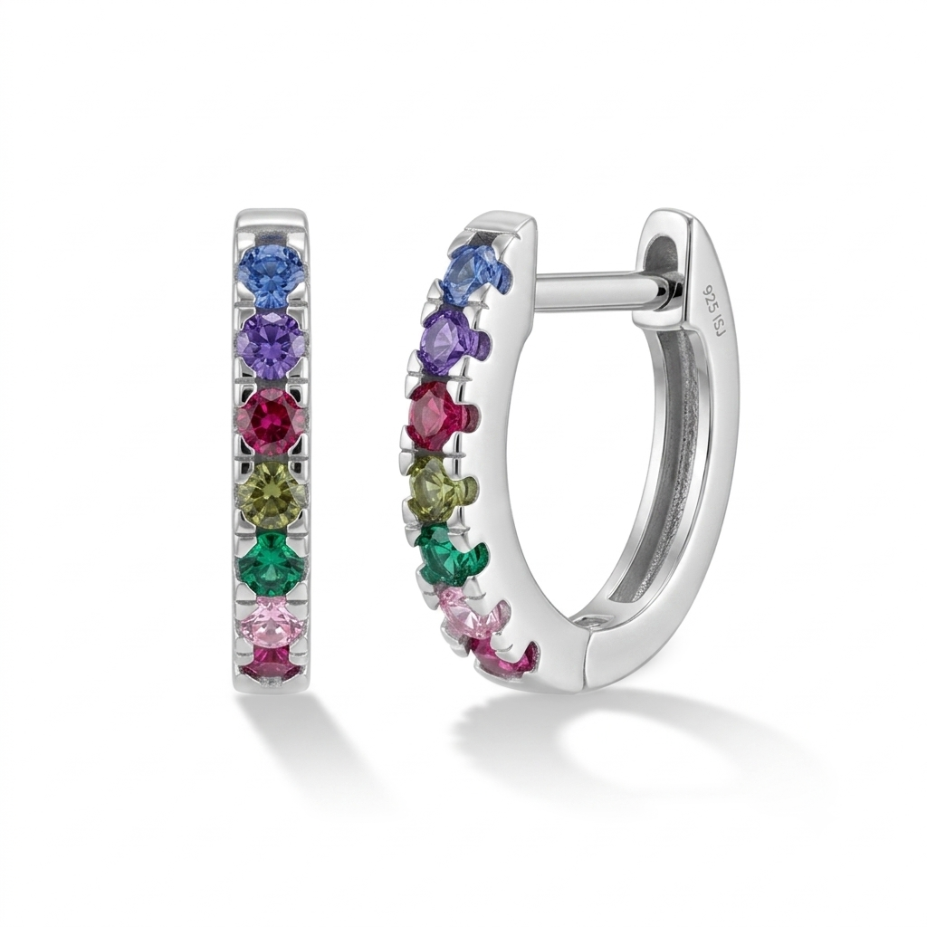 Multicolor Encrusted CZ 9mm Kids / Children's / Girls Earrings Hoop/Huggie - Sterling Silver