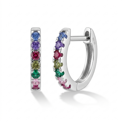 Multicolor Encrusted CZ 9mm Kids / Children's / Girls Earrings Hoop/Huggie - Sterling Silver