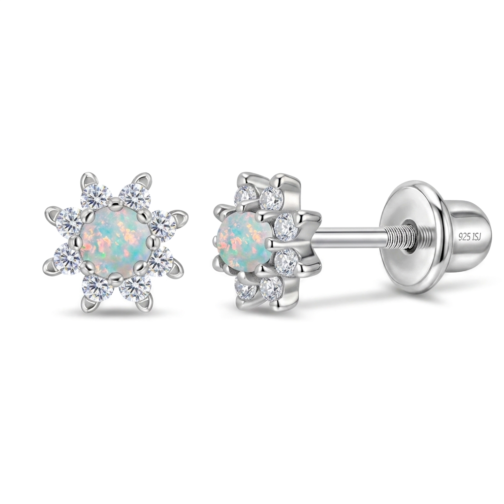 Opal CZ Sun Baby / Toddler / Kids Earrings Screw Back - Sterling Silver