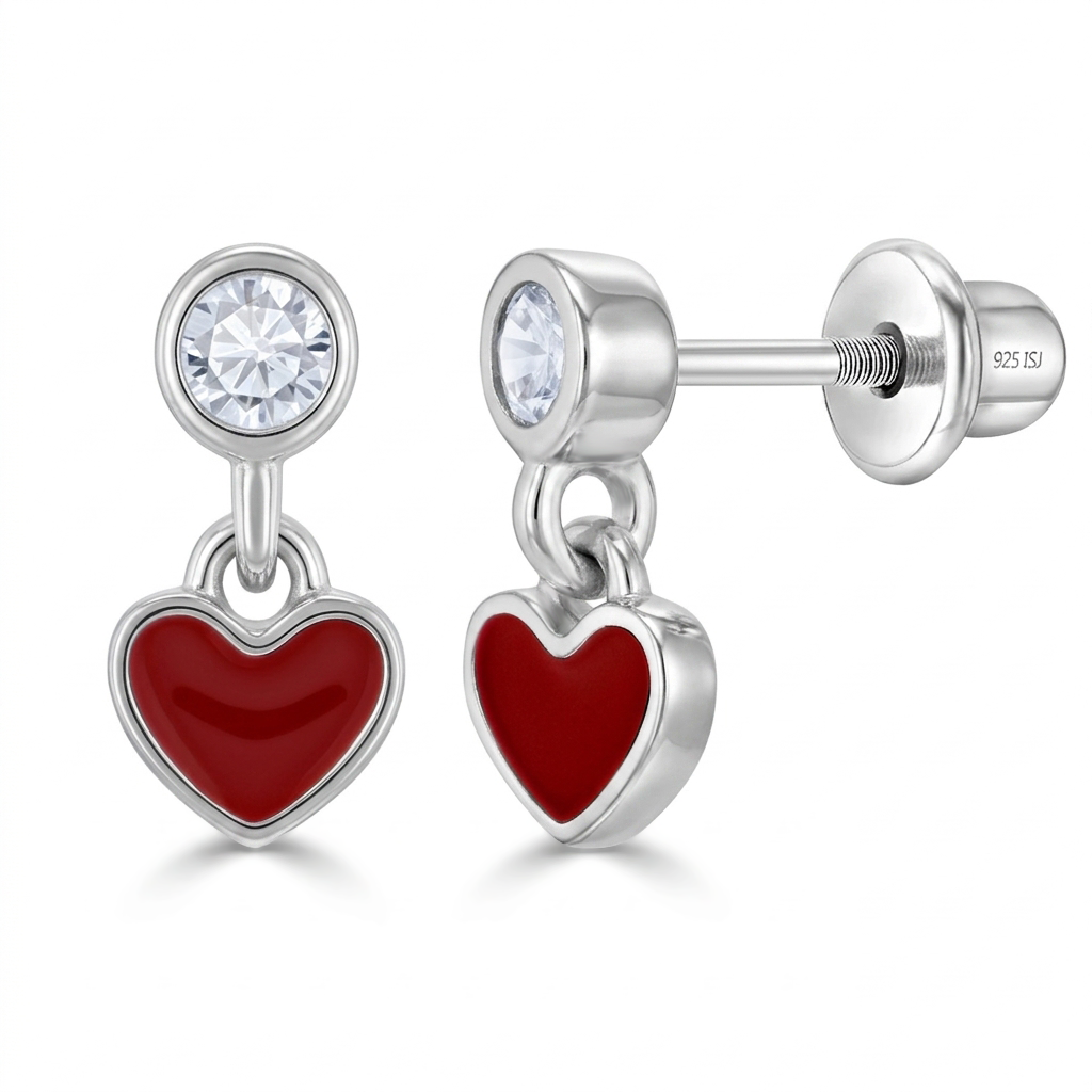 Dangle Enamel Heart Kids / Children's / Girls Safety Screw Back Earrings - Sterling Silver