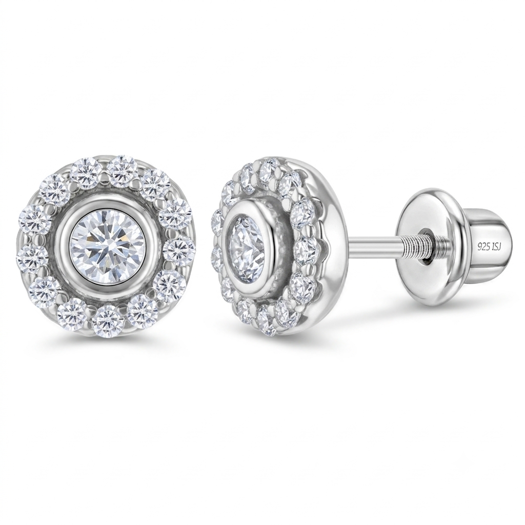 CZ Cluster Kids / Children's / Girls Earrings Screw Back - Sterling Silver
