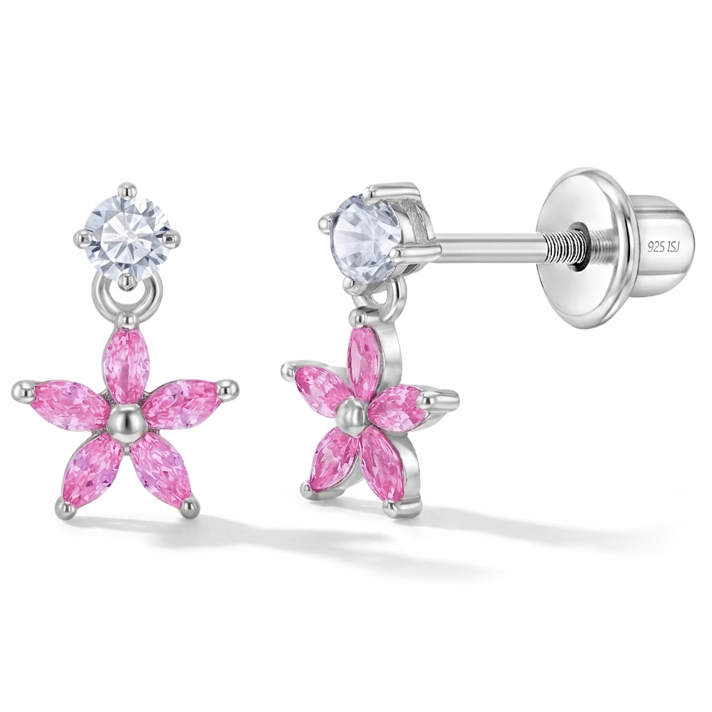 Dazzling Dangle Flower Kids / Children's / Girls Earrings Screw Back - Sterling Silver