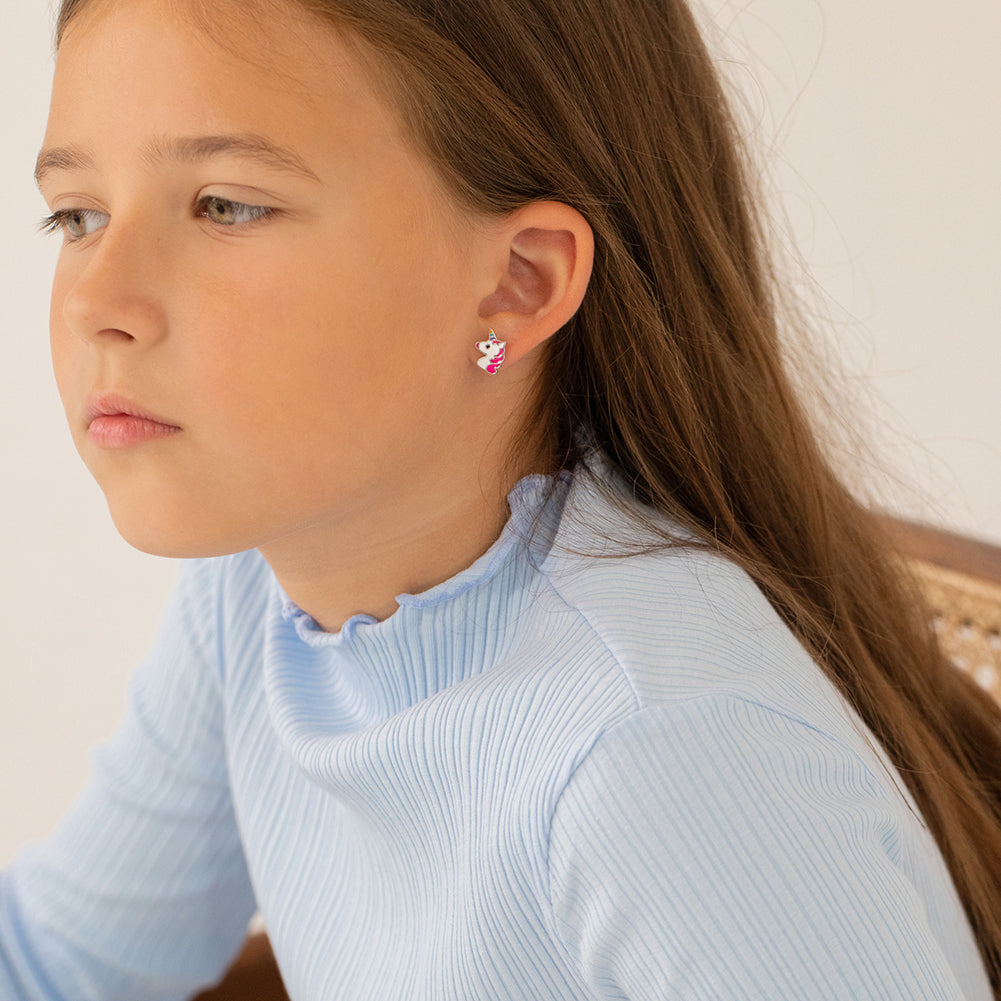 Rainbow Unicorn Kids / Children's / Girls Earrings Safety Push Back Enamel - Sterling Silver