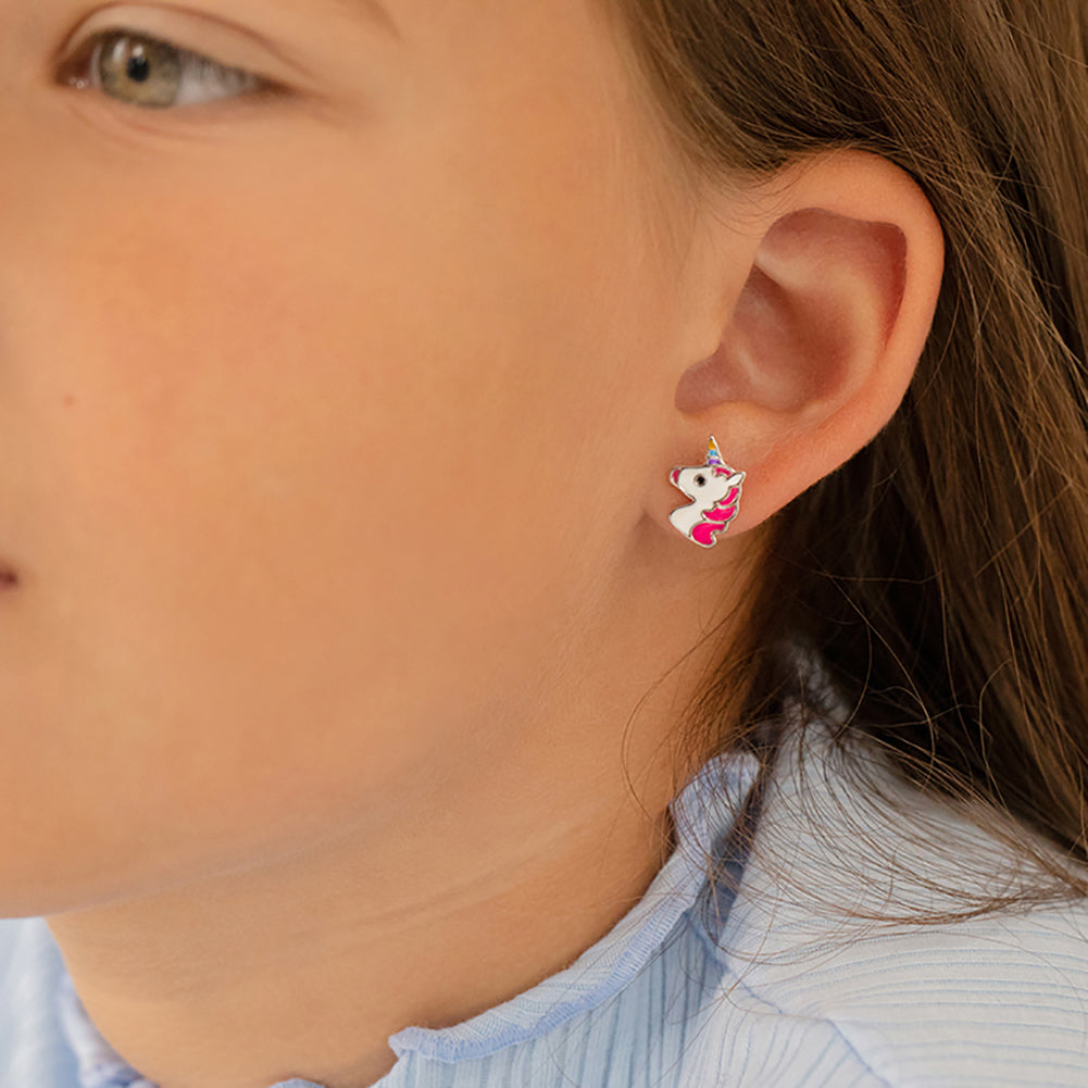 Rainbow Unicorn Kids / Children's / Girls Earrings Safety Push Back Enamel - Sterling Silver