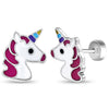 Rainbow Unicorn Kids / Children's / Girls Earrings Safety Push Back Enamel - Sterling Silver