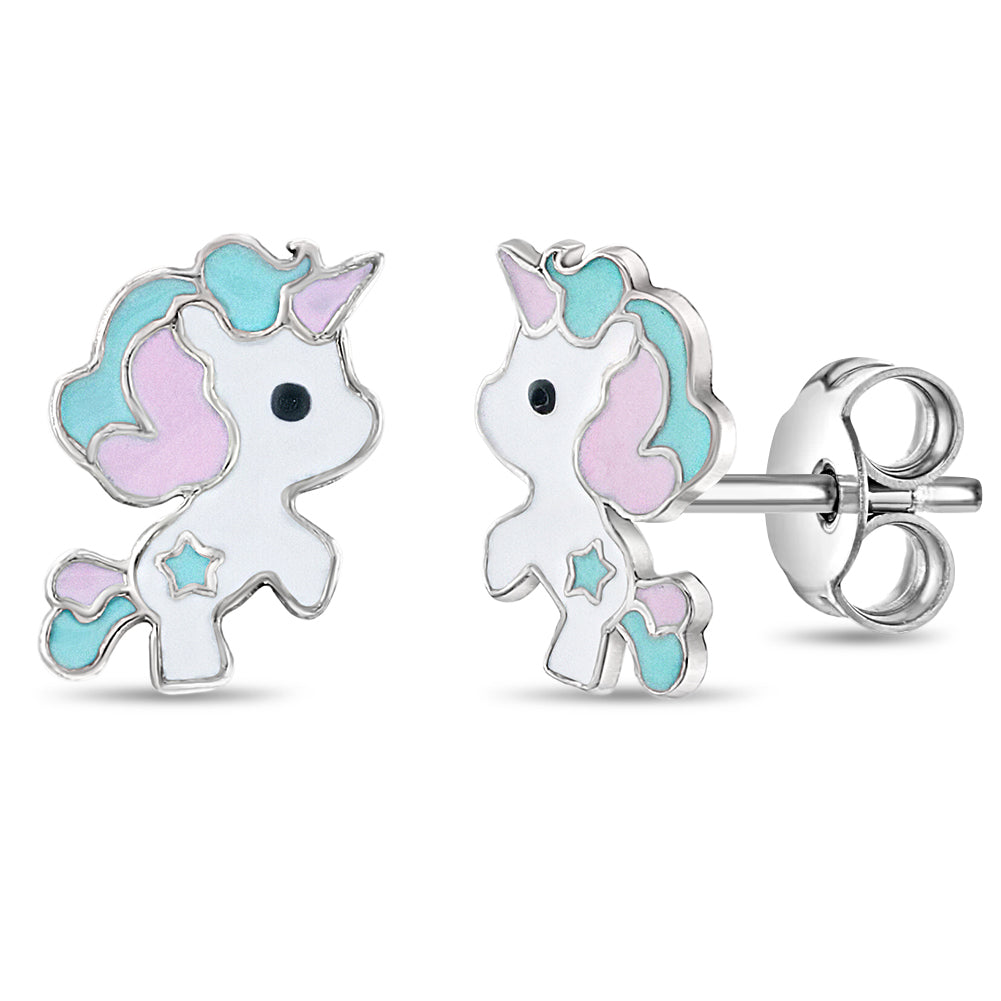 Pastel Enamel Unicorn Kids / Children's / Girls Earrings Enamel - Sterling Silver