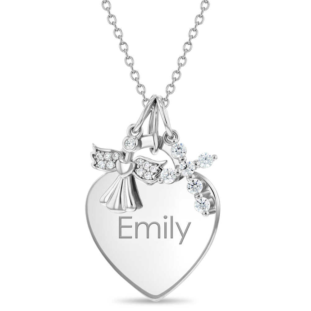 Guardian Angel & CZ Cross Heart Toddler / Kids / Girls Pendant/Necklac