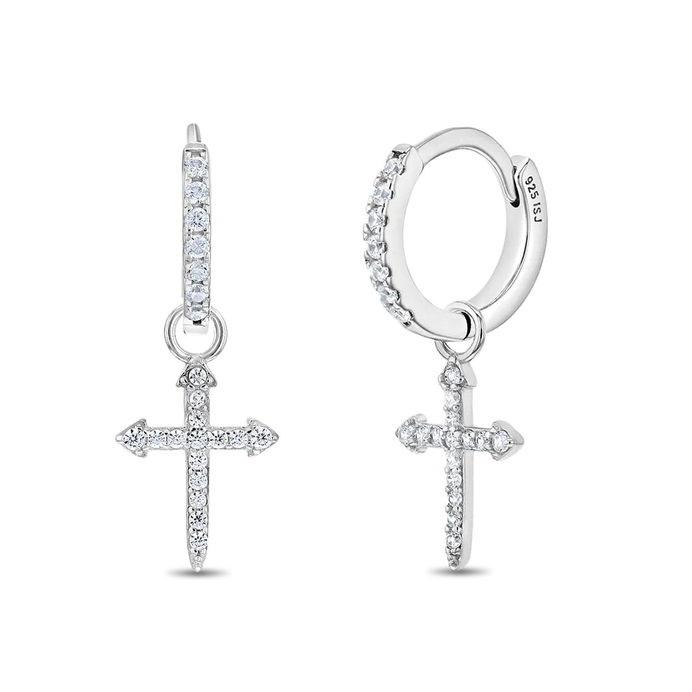 925 Sterling Silver Clear CZ Cross Hoop Dangle Earrings for Teens - Ho