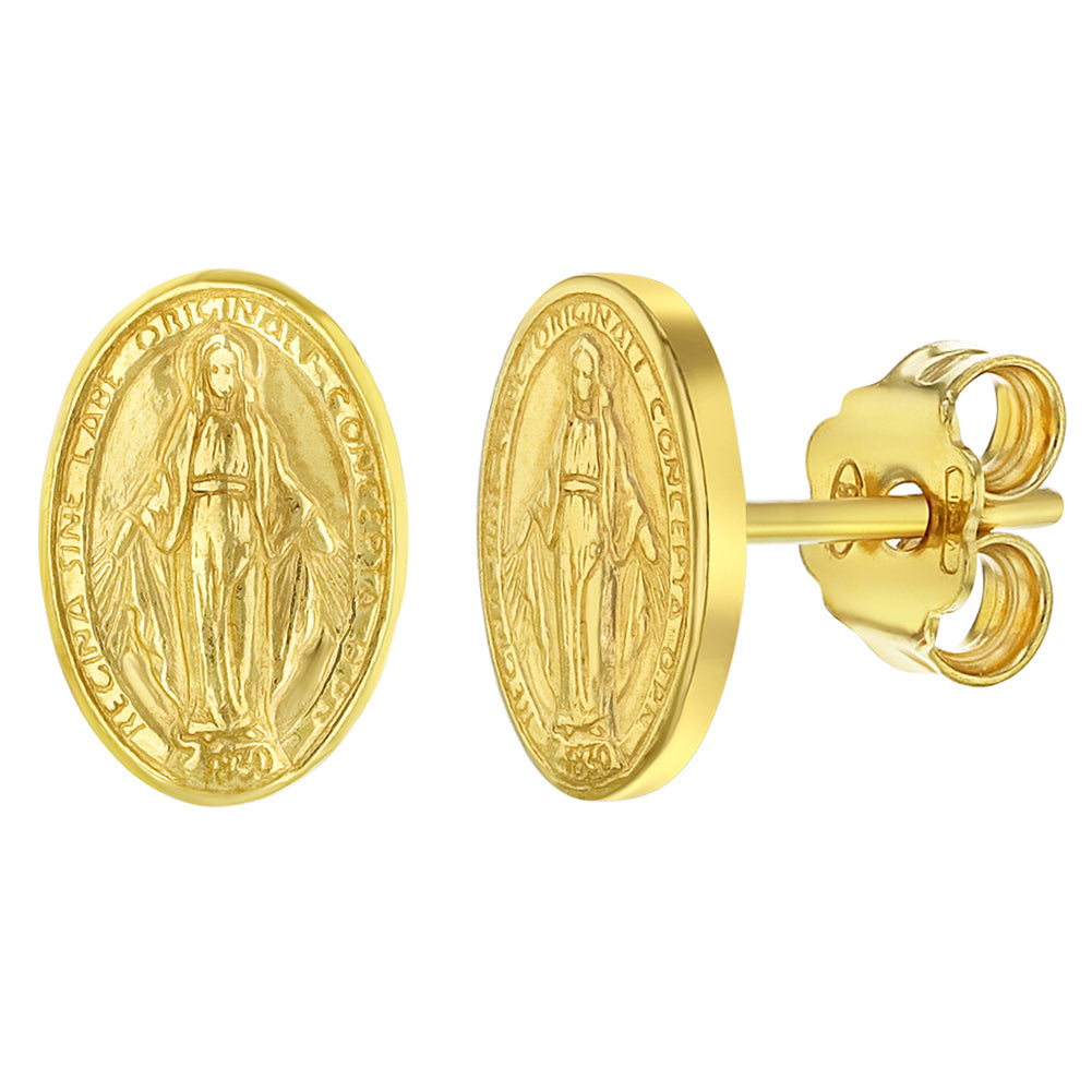 925 Sterling Silver Yellow Gold Plated Religious Miraculous Virgin Mary Oval Medal Stud Earrings for Ladies