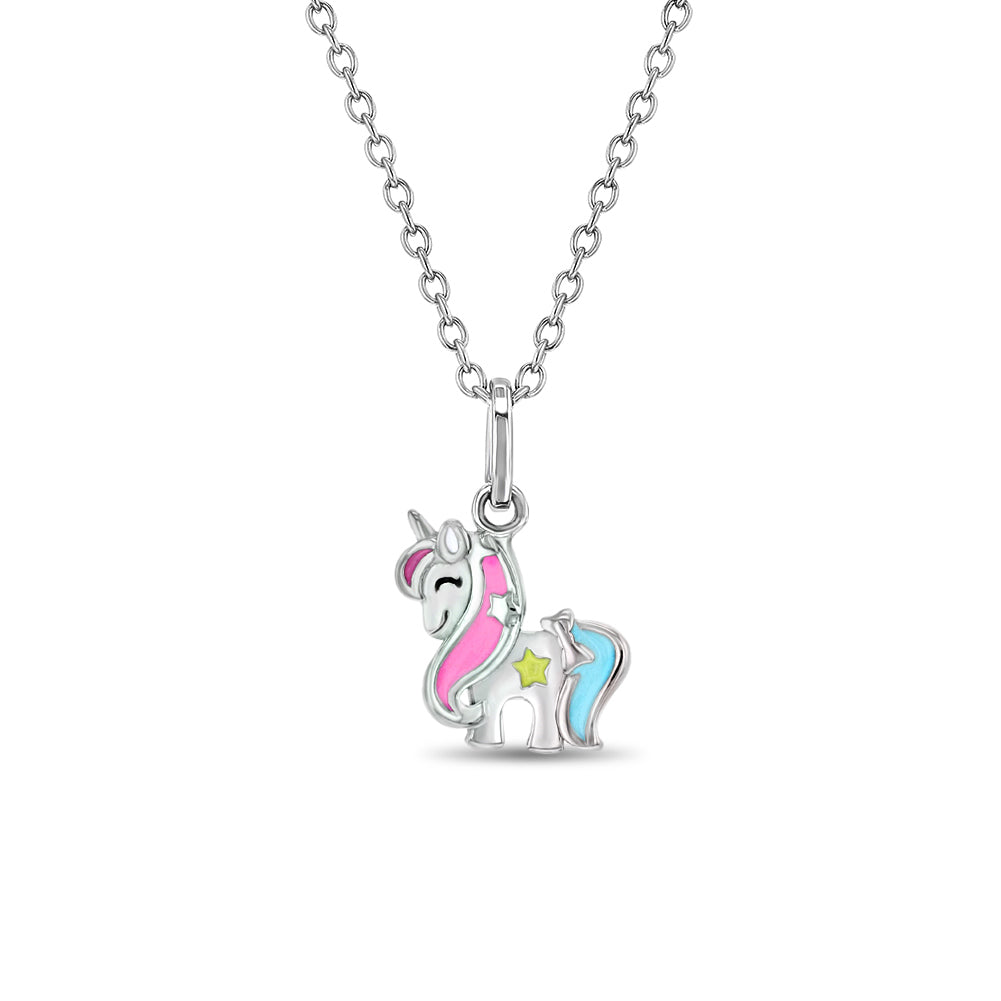 925 Sterling Silver Beautiful Pink & White Enamel Unicorn Jewelry Set