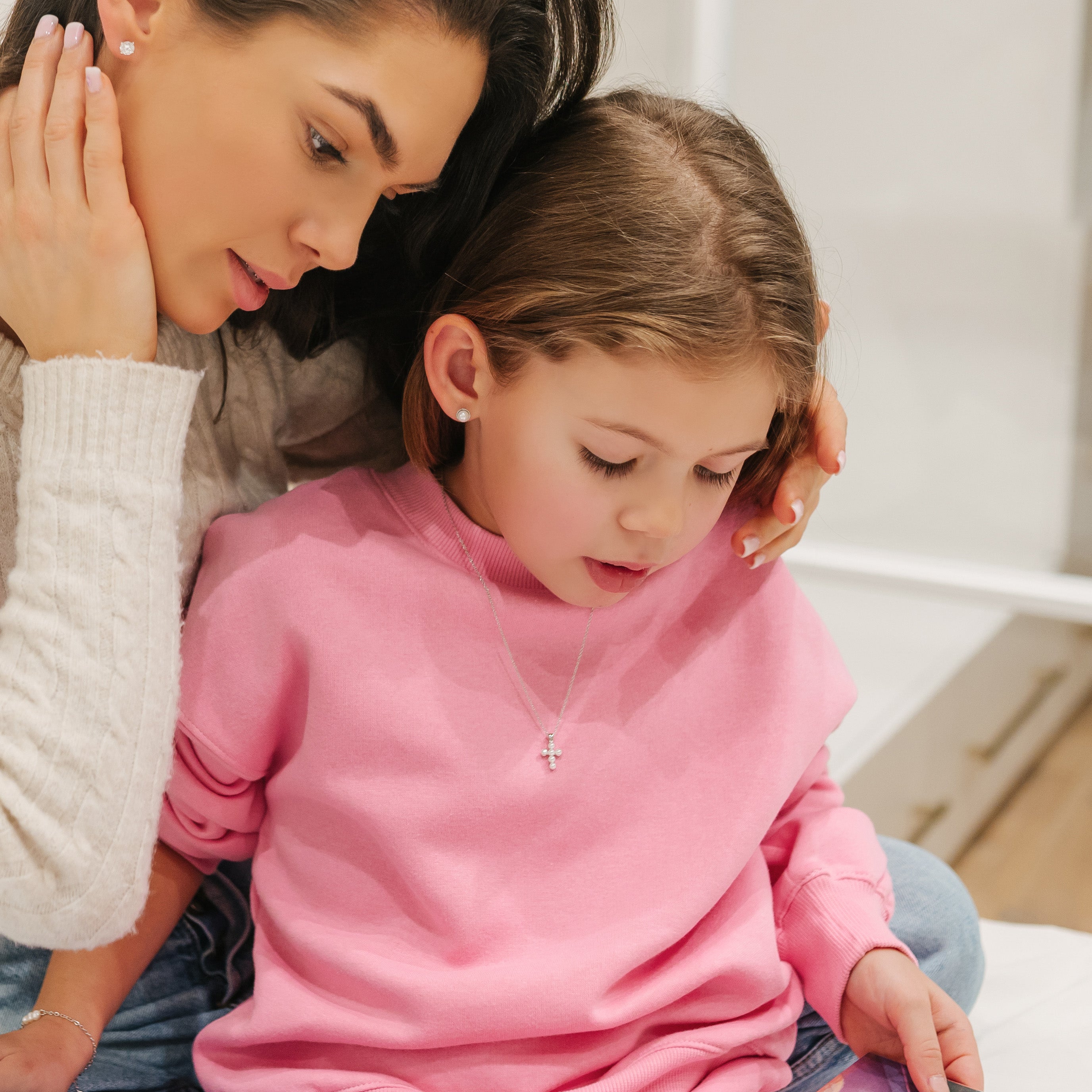 Tiny Pearl Cross 13mm Toddler/Kids/Girls Necklace Religious - Sterling