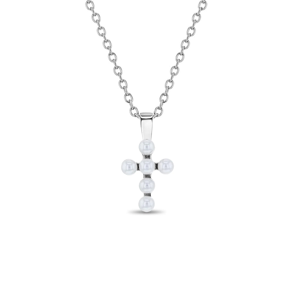 Tiny Pearl Cross 13mm Toddler/Kids/Girls Necklace Religious - Sterling Silver