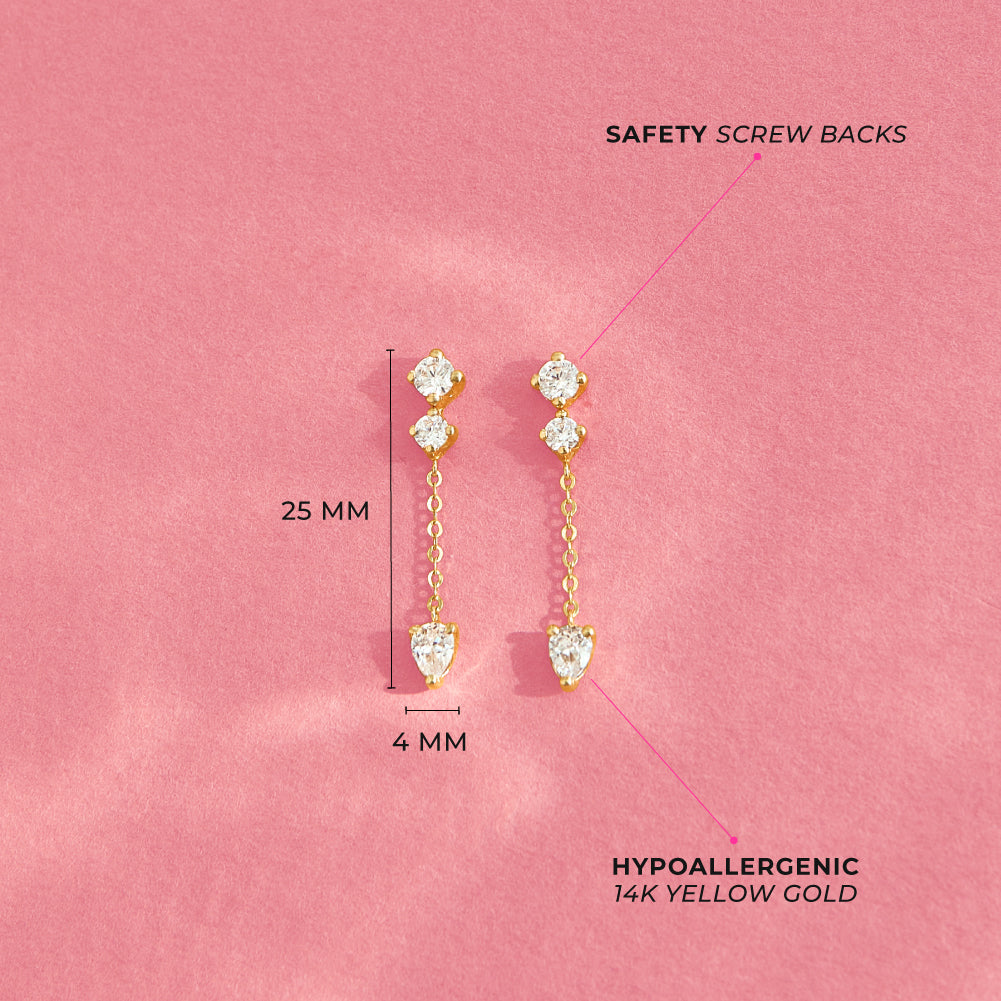 14k Gold Dangle CZ Teen Earrings Safety Screw Back